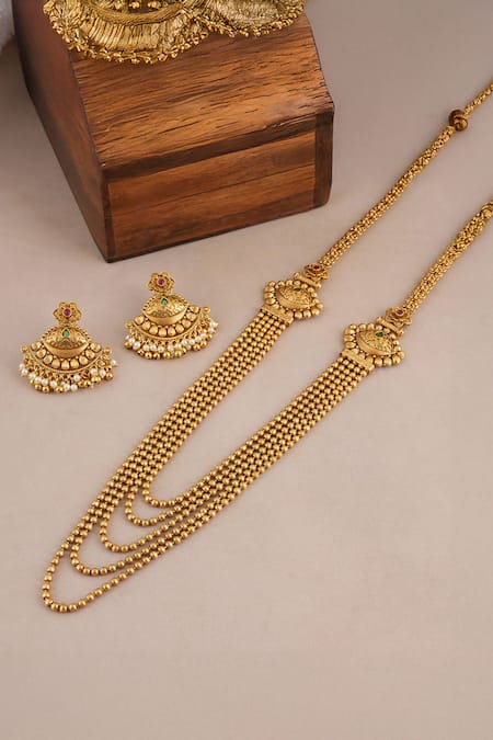 Smars Jewelry_Gold Plated Pearls, Stones, Beads Antique Ball Layered Necklace Set _Online_at_Aza_Fashions