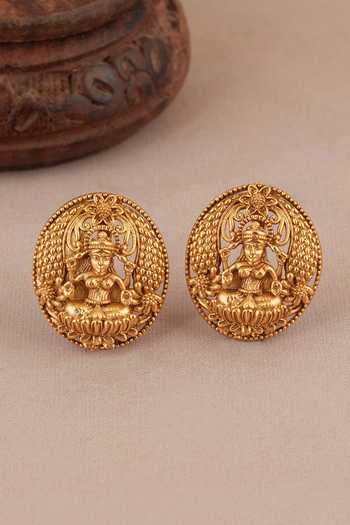 Shop_SMARS JEWELRY_Gold Plated Maa Lakshmi Carved Antique Pendant Necklace Set _Online_at_Aza_Fashions