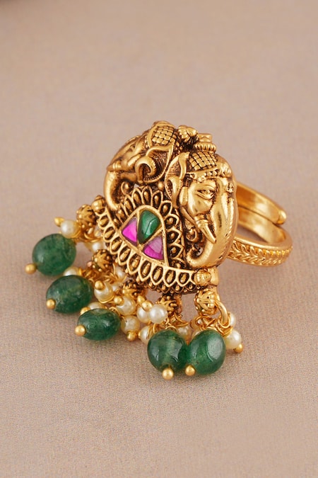 Buy_Smars Jewelry_Gold Plated Gemstones, Pearls, Elephant Carved Antique Ring _Online_at_Aza_Fashions