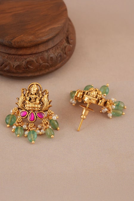 Smars Jewelry_Gold Plated Stones, Pearls Maa Lakshmi Carved Antique Choker Set _Online_at_Aza_Fashions