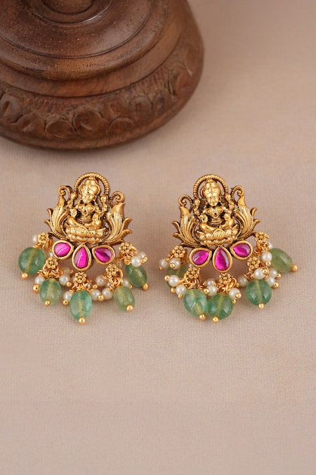 Shop_Smars Jewelry_Gold Plated Stones, Pearls Maa Lakshmi Carved Antique Choker Set _Online_at_Aza_Fashions