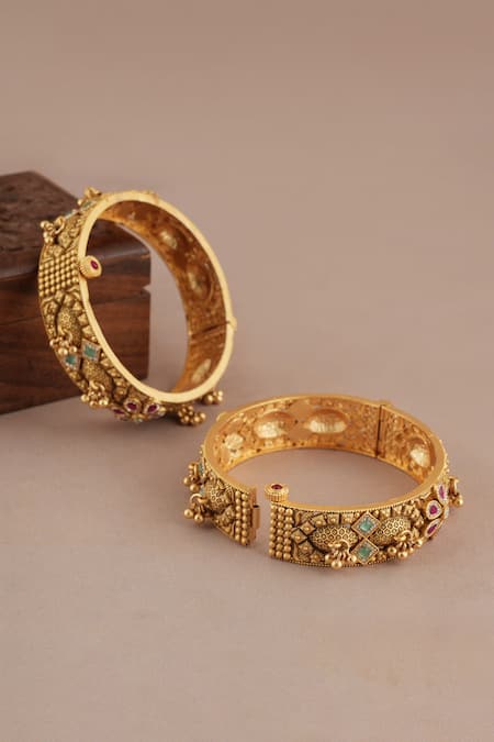 SMARS JEWELRY Antique Carved Stone Embellished Kadas - Set of 2 