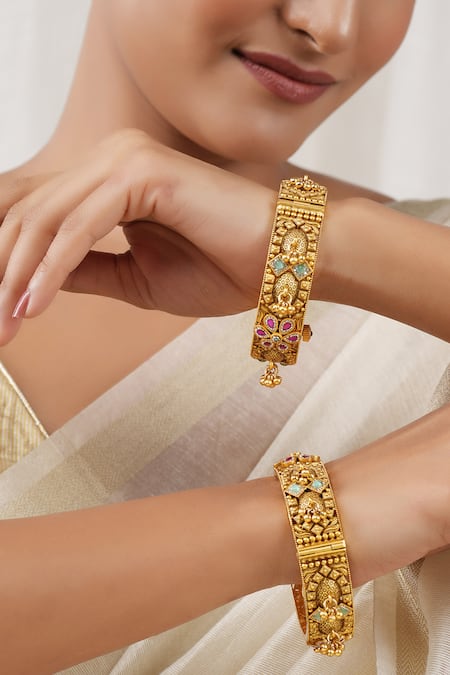 SMARS JEWELRY_Gold Plated Stones, Beads Antique Carved Embellished Kadas - Set Of 2 _Online_at_Aza_Fashions