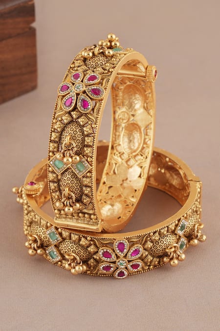 Shop_SMARS JEWELRY_Gold Plated Stones, Beads Antique Carved Embellished Kadas - Set Of 2 _Online_at_Aza_Fashions