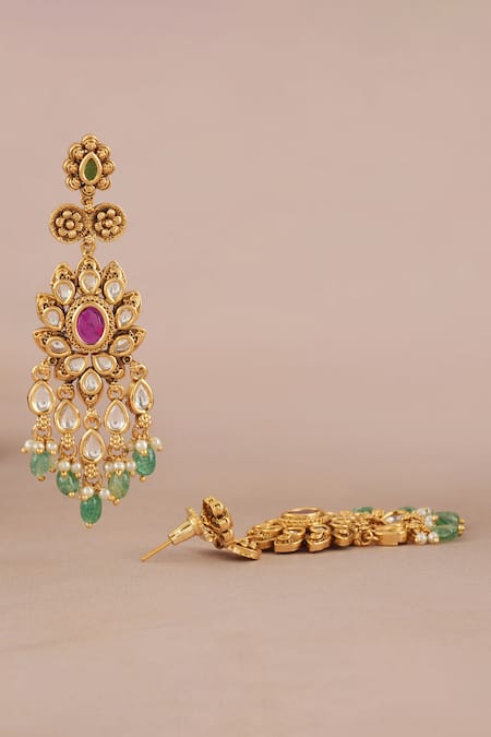 Smars Jewelry_Multi Color Stones, Pearls Antique Carved Embellished Dangler Earrings _Online_at_Aza_Fashions