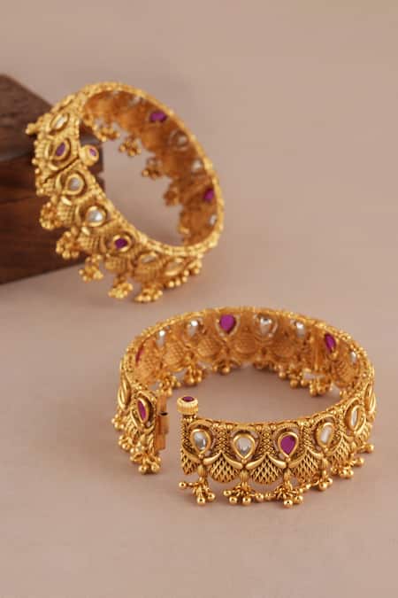 Buy_Smars Jewelry_Gold Plated Stones, Beads Carved Kundan Embellished Pair Of Kadas _Online_at_Aza_Fashions