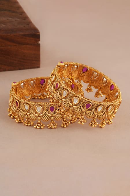 Shop_Smars Jewelry_Gold Plated Stones, Beads Carved Kundan Embellished Pair Of Kadas _Online_at_Aza_Fashions