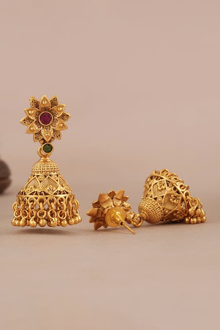 Smars Jewelry_Gold Plated Gemstones, Beads Antique Carved Long Pendant Necklace Set _Online_at_Aza_Fashions