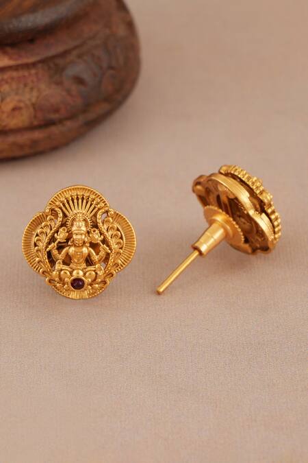 SMARS JEWELRY_Gold Plated Stones Antique Maa Lakshmi Carved Pendant Necklace Set _Online_at_Aza_Fashions