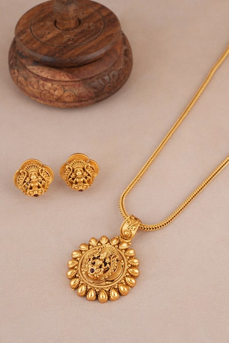 Buy_SMARS JEWELRY_Gold Plated Stones Antique Maa Lakshmi Carved Pendant Necklace Set _Online_at_Aza_Fashions