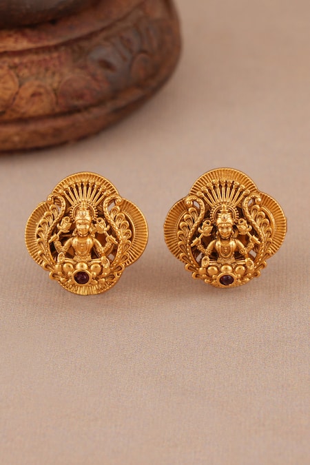 Shop_SMARS JEWELRY_Gold Plated Stones Antique Maa Lakshmi Carved Pendant Necklace Set _Online_at_Aza_Fashions