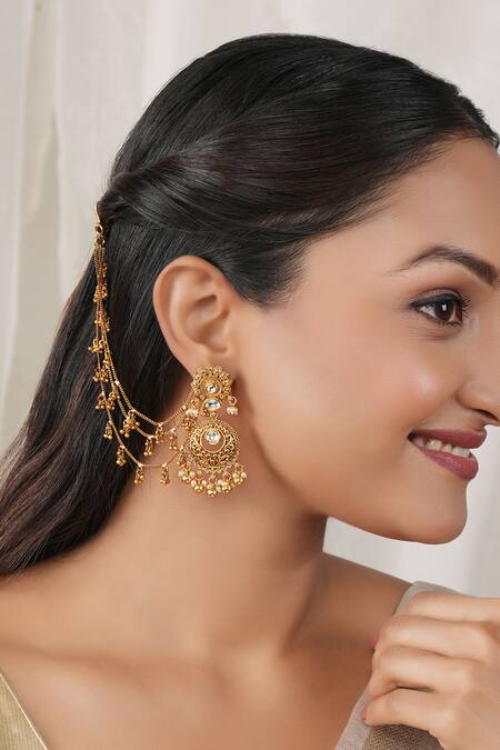 Smars Jewelry_Gold Plated Beads Three Line Ball Dangling Pair Of Ear Chains _Online_at_Aza_Fashions