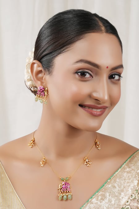 Smars Jewelry Stone Embellished Elephant Pendant Necklace Set 