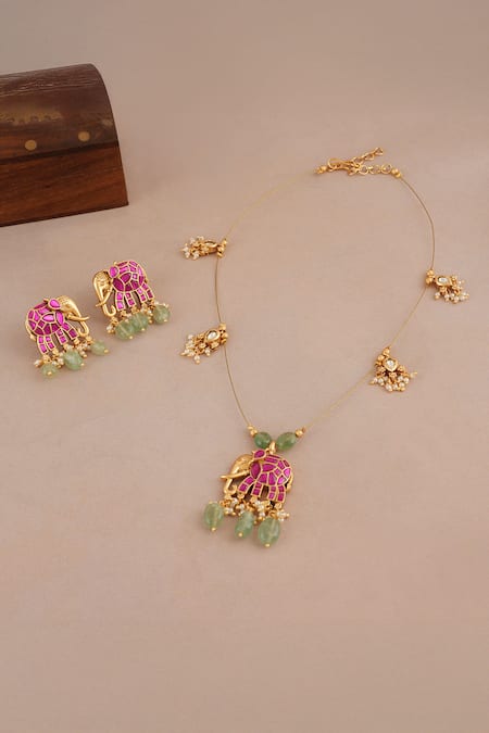 Smars Jewelry Stone Embellished Elephant Pendant Necklace Set 