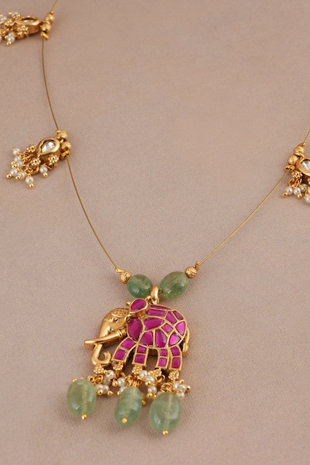Buy_Smars Jewelry_Gold Plated Stones, Pearls Embellished Elephant Pendant Necklace Set _Online_at_Aza_Fashions