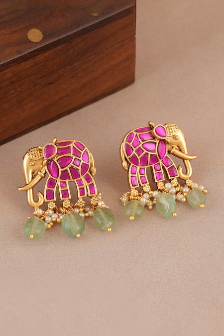 Shop_Smars Jewelry_Gold Plated Stones, Pearls Embellished Elephant Pendant Necklace Set _Online_at_Aza_Fashions