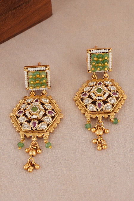 Shop_Smars Jewelry_Gold Plated Stones, Pearls Embellished Rajwadi Pendant Necklace Set _Online_at_Aza_Fashions