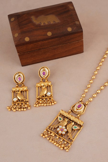 Smars Jewelry_Gold Plated Stones, Pearls, Beads Antique Bird Carved Pendant Necklace Set _Online_at_Aza_Fashions