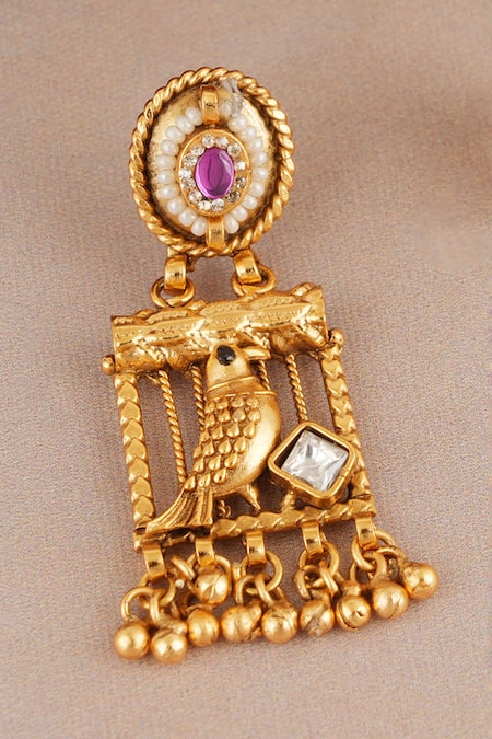 Buy_Smars Jewelry_Gold Plated Stones, Pearls, Beads Antique Bird Carved Pendant Necklace Set _Online_at_Aza_Fashions