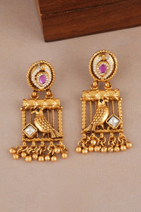 Shop_Smars Jewelry_Gold Plated Stones, Pearls, Beads Antique Bird Carved Pendant Necklace Set _Online_at_Aza_Fashions