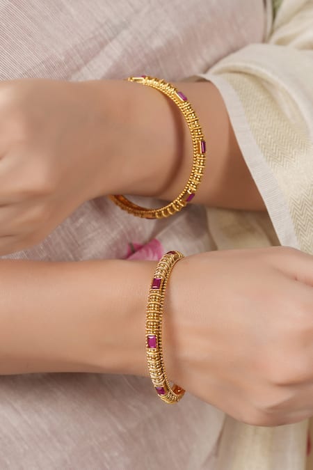 Smars Jewelry Antique Carved Ruby Studded Pair of Bangles 