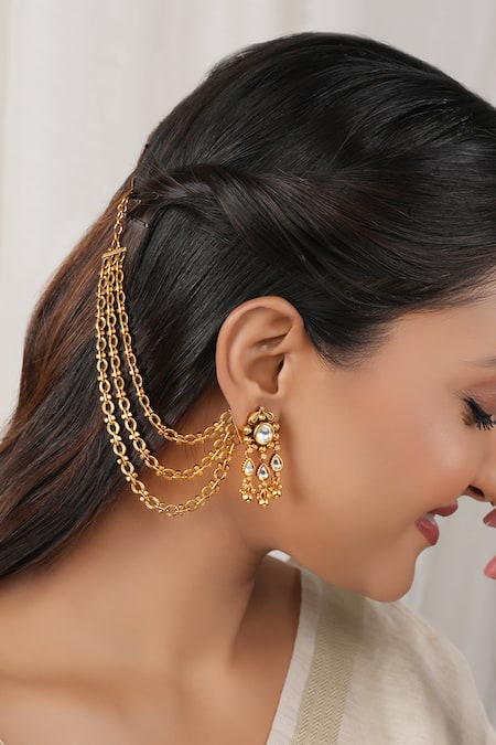 Smars Jewelry Antique Three Layered Carved Pair of Ear Chains