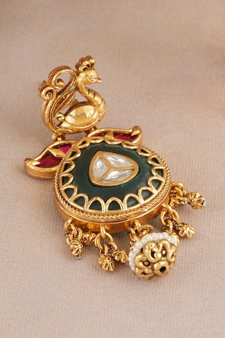 Smars Jewelry_Gold Plated Stones, Pearls Embellished Antique Rajwadi Pendant Necklace Set _Online_at_Aza_Fashions