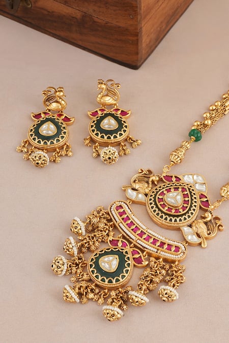 Shop_Smars Jewelry_Gold Plated Stones, Pearls Embellished Antique Rajwadi Pendant Necklace Set _Online_at_Aza_Fashions