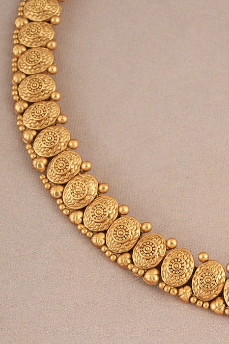 Shop_SMARS JEWELRY_Gold Plated Beads Antique Oval Shaped Carved Motif Choker Set _Online_at_Aza_Fashions