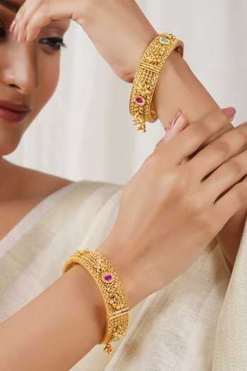 SMARS JEWELRY_Gold Plated Stones, Beads Antique Carved Embellished Pair Of Broad Kadas_Online_at_Aza_Fashions