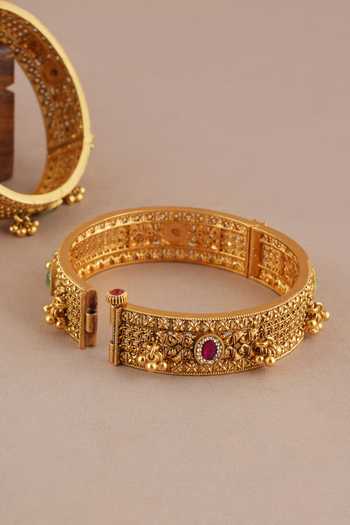 Shop_SMARS JEWELRY_Gold Plated Stones, Beads Antique Carved Embellished Pair Of Broad Kadas_Online_at_Aza_Fashions