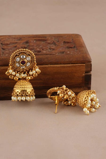 Smars Jewelry_Gold Plated Stones, Pearls Antique Floral Kundan Choker Set _Online_at_Aza_Fashions