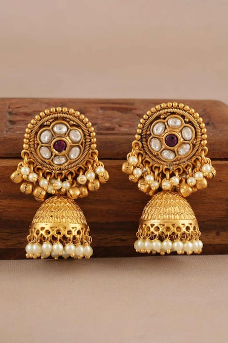 Buy_Smars Jewelry_Gold Plated Stones, Pearls Antique Floral Kundan Choker Set _Online_at_Aza_Fashions