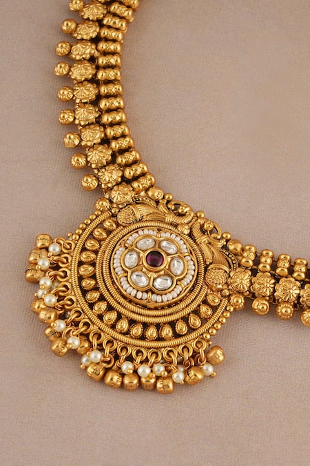 Shop_Smars Jewelry_Gold Plated Stones, Pearls Antique Floral Kundan Choker Set _Online_at_Aza_Fashions
