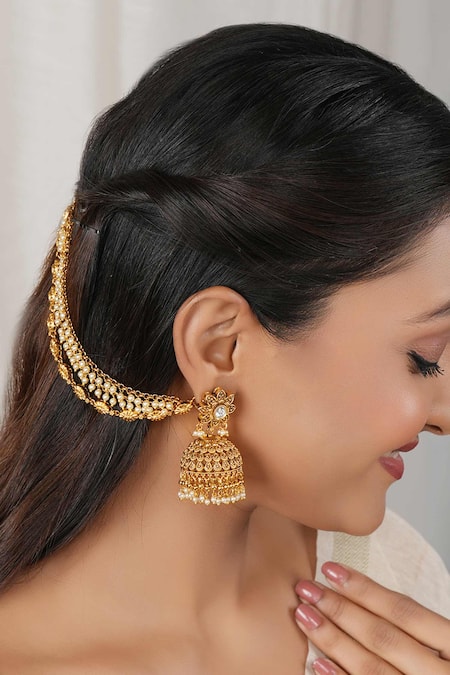 Smars Jewelry_Gold Plated Pearls Antique Three Line Pair Of Ear Chains _Online_at_Aza_Fashions