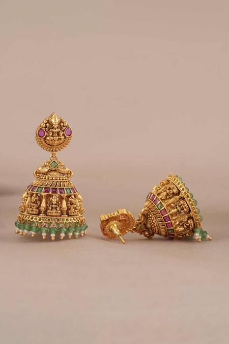 Smars Jewelry_Gold Plated Stones, Pearls Maa Lakshmi Carved Antique Temple Jhumkas _Online_at_Aza_Fashions