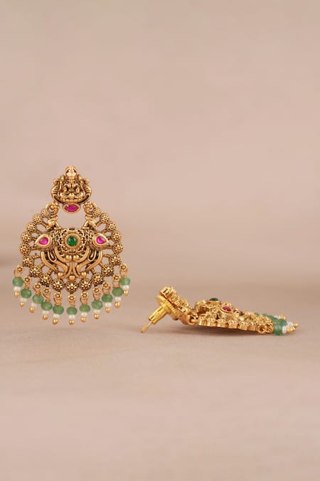 Smars Jewelry_Gold Plated Stones, Pearls Maa Lakshmi Carved Antique Temple Earrings _Online_at_Aza_Fashions
