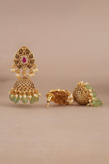 Smars Jewelry_Gold Plated Stones, Pearls Antique Work Pendant Necklace Set _Online_at_Aza_Fashions