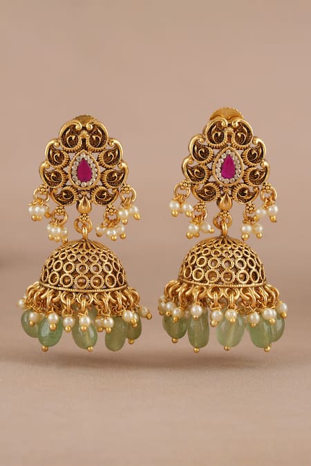 Buy_Smars Jewelry_Gold Plated Stones, Pearls Antique Work Pendant Necklace Set _Online_at_Aza_Fashions