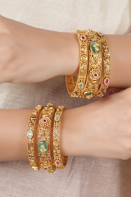 Smars Jewelry Antique Floral Carved Embellished Bangles - Set of 6 