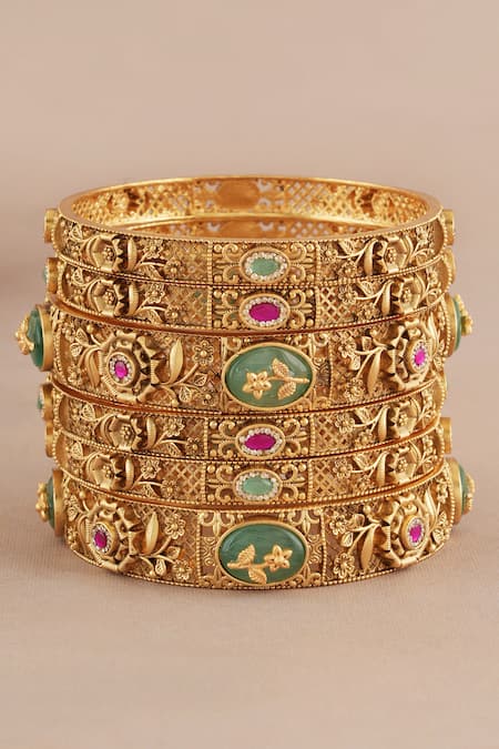 Buy_Smars Jewelry_Gold Plated Stones, Antique Floral Carved Embellished Bangles - Set Of 6 _Online_at_Aza_Fashions
