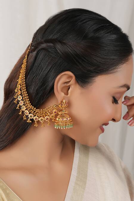 Smars Jewelry_Gold Plated Stones, Beads Three Line Embellished Pair Of Ear Chains _Online_at_Aza_Fashions