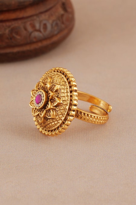 Smars Jewelry_Gold Plated Stones, Beads Floral Carved Embellished Finger Ring _Online_at_Aza_Fashions