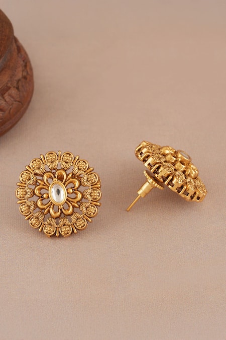 Smars Jewelry_Gold Plated Stones Kundan Floral Carved Antique Stud Earrings _Online_at_Aza_Fashions