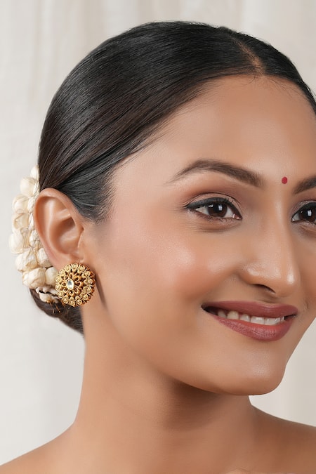 Smars Jewelry Kundan Floral Carved Antique Stud Earrings 