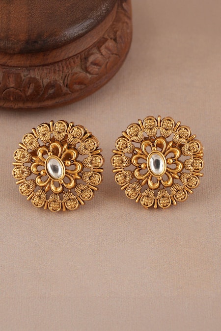 Smars Jewelry Kundan Floral Carved Antique Stud Earrings 