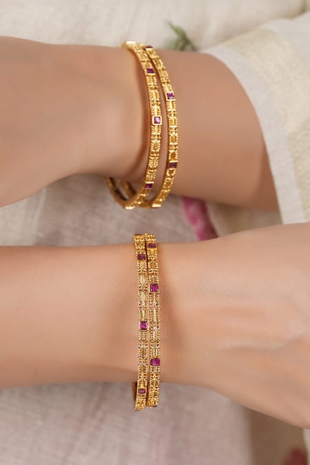 Buy_Smars Jewelry_Gold Plated Stones, Antique Ruby Studded Bangles - Set Of 4 _Online_at_Aza_Fashions