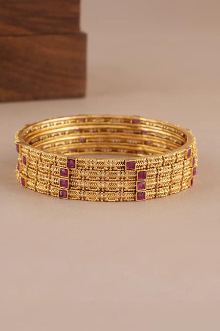 Shop_Smars Jewelry_Gold Plated Stones, Antique Ruby Studded Bangles - Set Of 4 _Online_at_Aza_Fashions