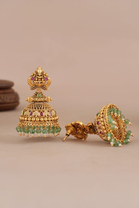 Smars Jewelry_Gold Plated Stones, Beads Maa Lakshmi Carved Antique Jhumkas _Online_at_Aza_Fashions