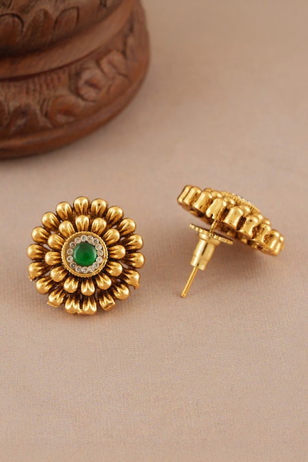Smars Jewelry_Gold Plated Stones Floral Carved Antique Stud Earrings _Online_at_Aza_Fashions